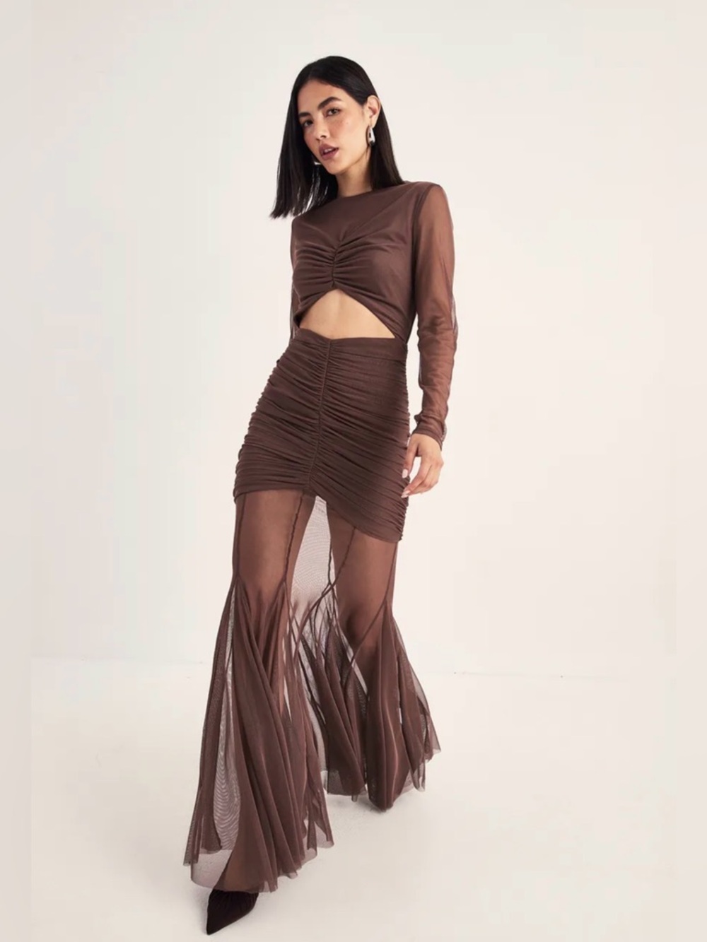 Nasty Gal Brown Ruched Sheer Mermaid Maxi Dress - Picture 2 of 4